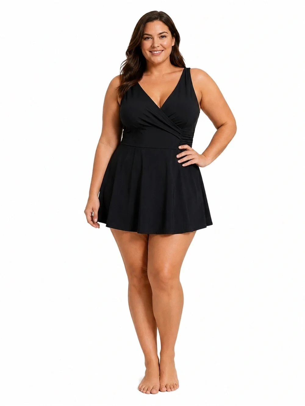 Lands’ End Women's SlenderSuit Wrap Swim Dress Swimsuit 16W Long Black